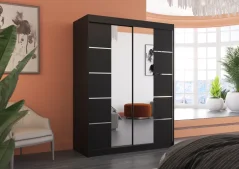 Posuvná skříň s zrcadlem NORDIC 150 černá (150 x 200) cm – 6 polic pro přehledné uložení