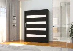 Skříň posuvná se zrcadlem MARTINEZ 150 černá (150 x 200) cm – 6 polic pro přehledné uložení