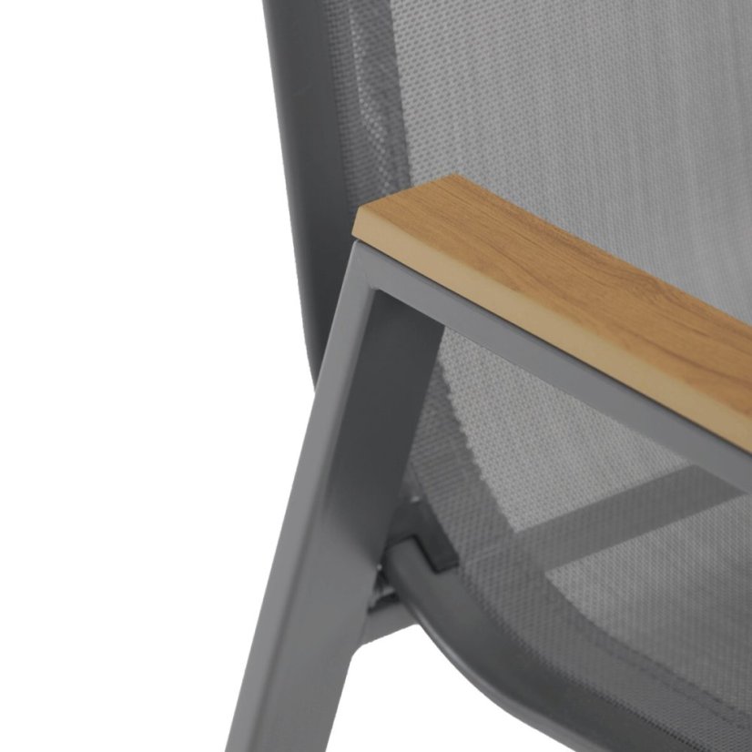 Židle zahradní šedý textilen, šedá kovová konstrukce, područky polywood v dekoru dubu