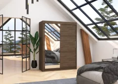 Skříň posuvná se zrcadlem BIANCO 150 choco (150 x 200) cm – 6 polic pro přehledné uložení
