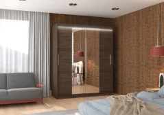 Posuvná skříň se zrcadlem a LED osvětlením DALLAS 180 choco (180 x 215) cm – 6 polic pro přehledné uložení