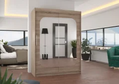 Posuvná skříň s zrcadlem CLEVER 150 lanýž (150 x 200) cm – 6 polic pro přehledné uložení