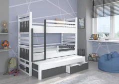 Třílůžková patrová postel HIPPO 200x90 bílá – šedá (97 x 175) cm – 2 zásuvky na lůžkoviny místo další komody