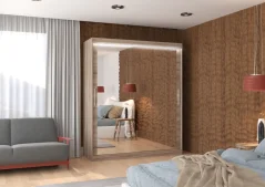Posuvná skříň se zrcadlem a LED osvětlením ETTORE 180 trufle (180 x 215) cm – 6 polic pro přehledné uložení