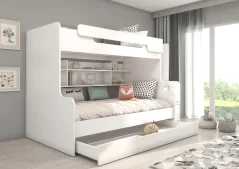 Patrová postel se schody HARELL – bílá (260 x 129) cm – 1 zásuvka na lůžkoviny místo další komody