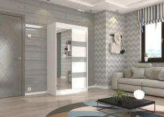 Posuvná skříň se zrcadlem a lacobelem TOURA 120 bílá (120 x 215) cm – 6 polic pro přehledné uložení