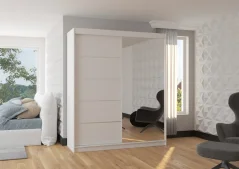 Posuvná skříň s zrcadlem CARO 180 bílá (180 x 215) cm – 6 polic pro přehledné uložení