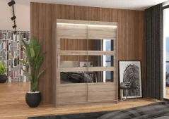Posuvná skříň se zrcadlem a LED osvětlením FLORENTO 150 trufle (150 x 200) cm – 6 polic pro přehledné uložení