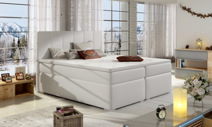 Kontinentální postel Boxspring MARIO bílá ekokůže - Vyberte rozměry: 180 x 200 cm