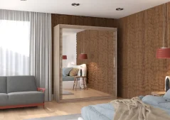 Posuvná skříň s zrcadlem ETTORE 180 lanýž (180 x 215) cm – 6 polic pro přehledné uložení