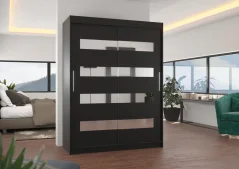 Skříň posuvná se zrcadlem BALTIC 150 černá (150 x 200) cm – 6 polic pro přehledné uložení
