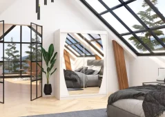 Skříň posuvná se zrcadlem ALEN 150 bílá (150 x 200) cm – 6 polic pro přehledné uložení