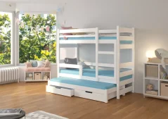 Patrová postel pro tři osoby s matracemi KARLO bílá (81 x 160) cm – 2 zásuvky na lůžkoviny místo další komody
