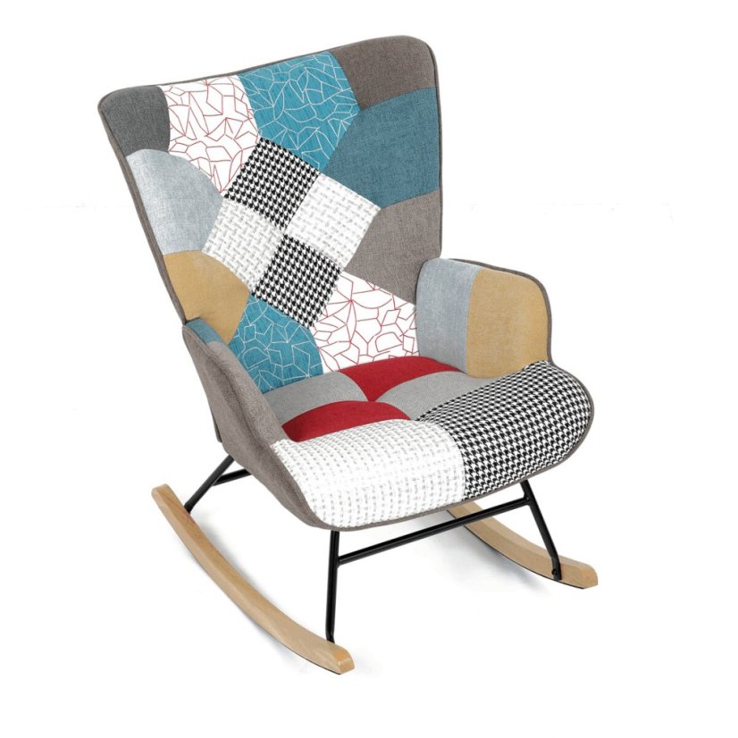 Křeslo houpací, potah patchwork látka, dřevěné nohy, masiv kaučukovník