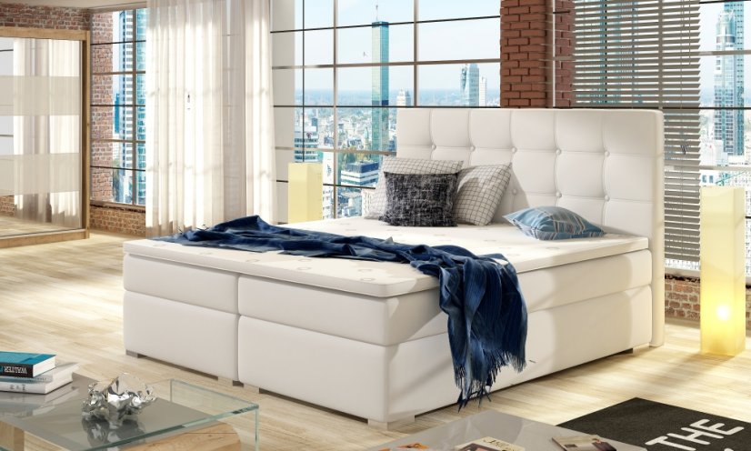 Kontinentální postel Boxspring INNA bílá ekokůže - Vyberte rozměry: 180 x 200 cm