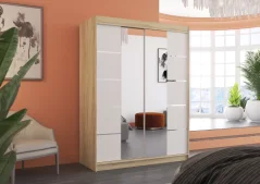 Posuvná skříň s zrcadlem NORDIC 150 sonoma – bílá (150 x 200) cm – 6 polic pro přehledné uložení