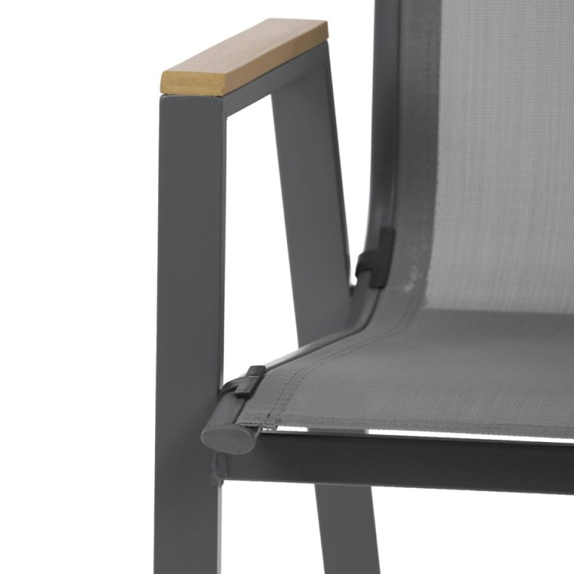 Židle zahradní šedý textilen, šedá kovová konstrukce, područky polywood v dekoru dubu
