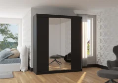 Posuvná skříň s zrcadlem BALANCE 180 černá (180 x 215) cm – 6 polic pro přehledné uložení