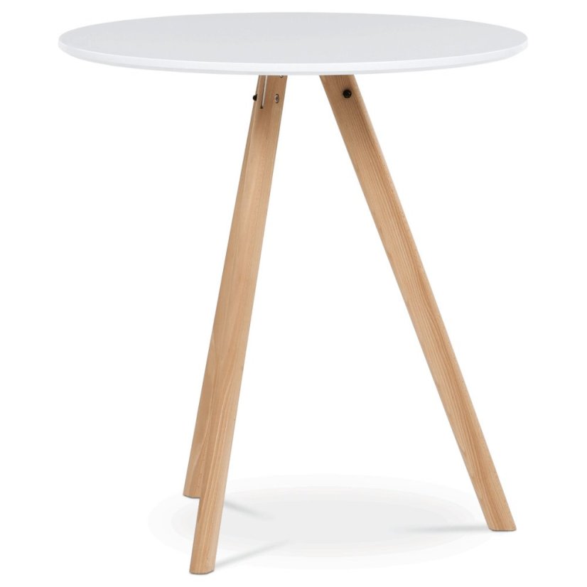 Jídelní stůl kulatý 70x70x73 cm, deska MDF bílý matný lak, nohy masiv buk