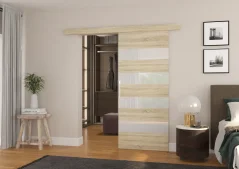 Posuvné nástěnné dveře MILOU 86 sonoma – bílý Lacobel (86 x 205) cm – záruka 4 roky