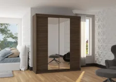 Posuvná skříň s zrcadlem BALANCE 180 choco (180 x 215) cm – 6 polic pro přehledné uložení