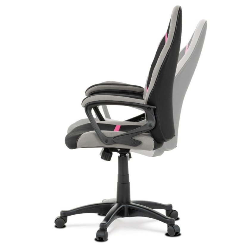 Kancelářská a herní židle, potah růžová, šedá a černá látka, houpací mechanismus