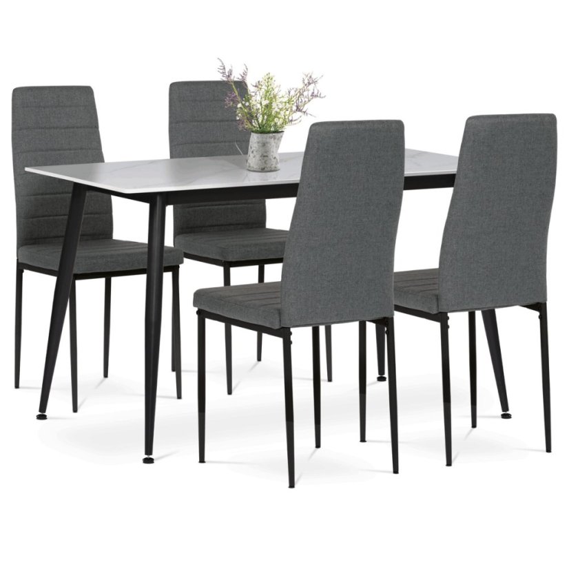 Jídelní set 1+4, stůl 130x70, deska slinutý kámen v imitaci bílého matného mramoru, židle šedá látka, černý lak