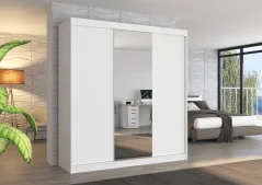 Posuvná skříň se zrcadlem SANTIAGO 200 bílá (200 x 215) cm – 11 polic pro přehledné uložení