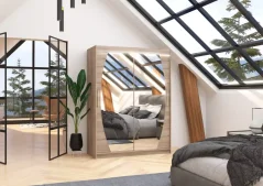 Posuvná skříň se zrcadlem a LED osvětlením ALEN 150 trufle (150 x 200) cm – 6 polic pro přehledné uložení