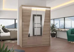Posuvná skříň se zrcadlem a LED osvětlením BOLTON 150 trufle (150 x 200) cm – 6 polic pro přehledné uložení