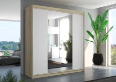 Skříň s posuvnými dveřmi a zrcadlem PERQS 200 sonoma – bílá (200 x 215) cm – 11 polic pro přehledné uložení