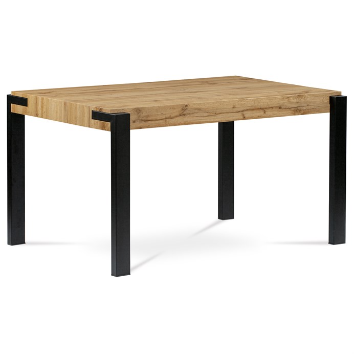 Jídelní stůl 140x88x76, deska MDF dekor divoký dub tloušťka 100mm, kov černý mat – 60 kg